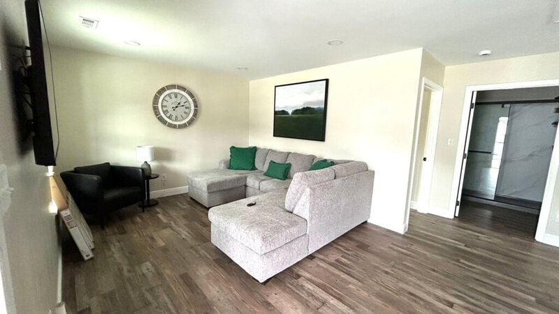 Living area of an on-site wedding cottage at Romaine Valley Weddings & Events in Fenton, Missouri