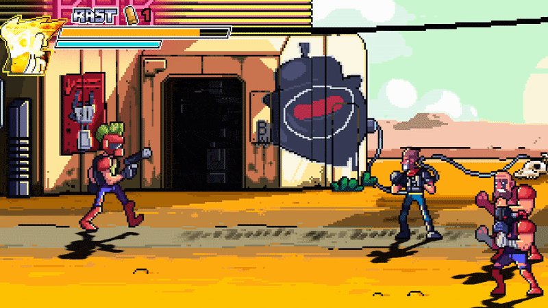 Short gif showing Rast fighting enemies outside a bar.