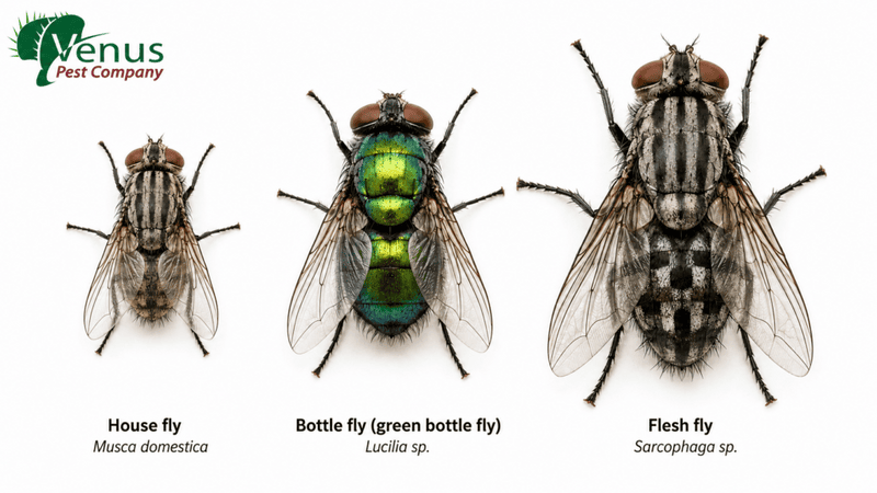 house fly, bottle fly, flesh fly compared