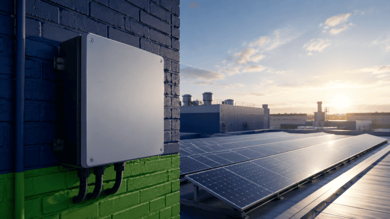 Hình ảnh thực tế cho thấy vị trí lắp đặt của Solar Inverter trên tường ngoài của nhà máy, kết nối trực tiếp với dàn pin năng lượng mặt trời công nghiệp.