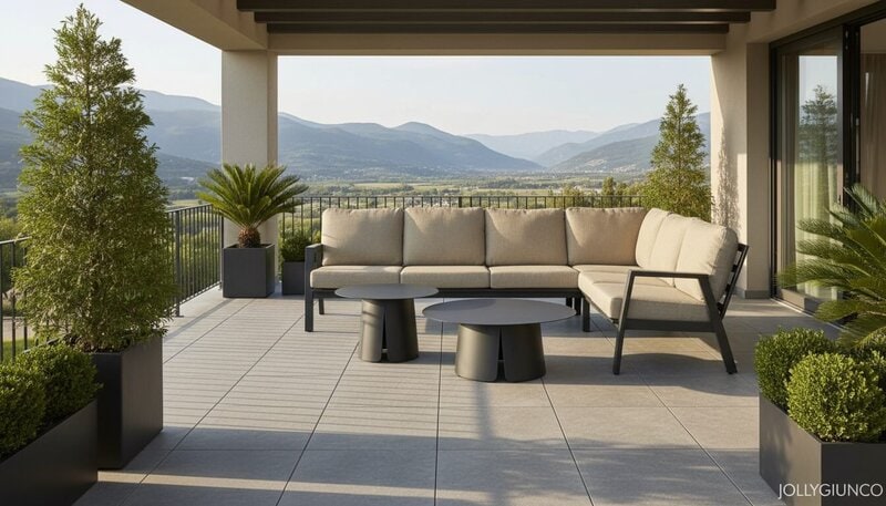 Modern outdoor terrace with a beige sectional sofa, two round black coffee tables, and potted plants overlooking distant mountains and hills.