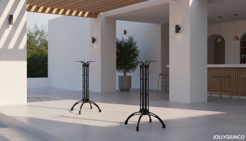 Two black metal table bases stand in a bright, minimalist patio area; a potted tree and a bar with stools are in the background.