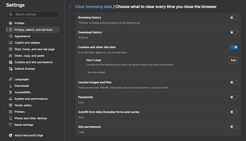 Clear Browsing Data On Close Options on Microsoft Edge Web Browser