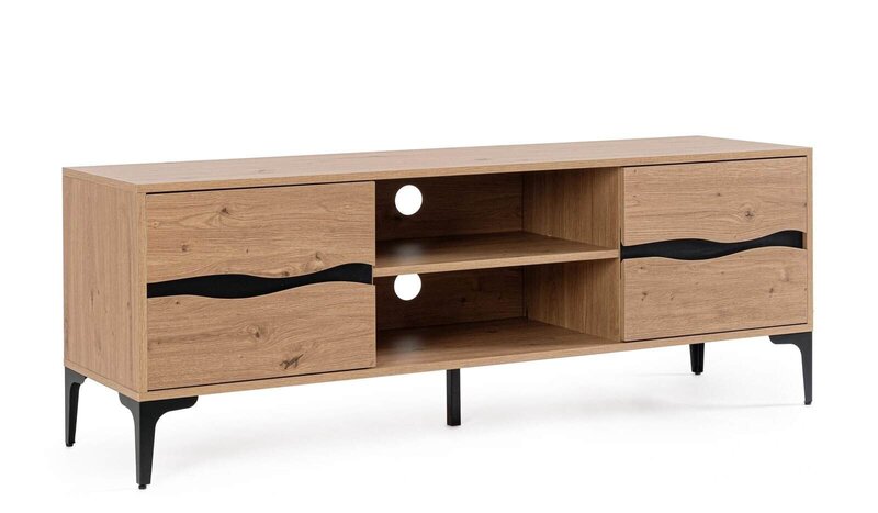 Mobile TV in legno con cassetti e dettagli neri, stile moderno e minimale.