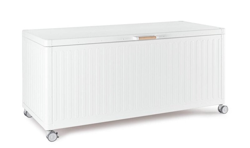 Cassapanca bianca salvaspazio con ruote, ideale per soggiorno o camera da letto, design elegante e funzionale.