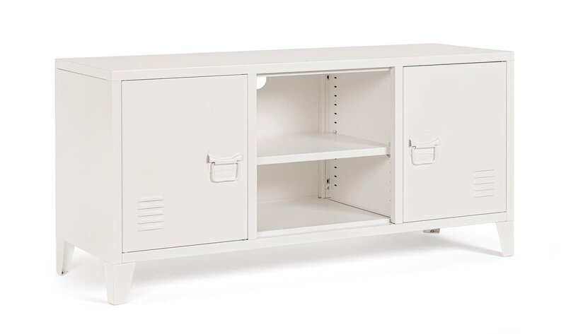 Mobiletto bianco con ante scorrevoli e mensola, stile minimalista e funzionale.