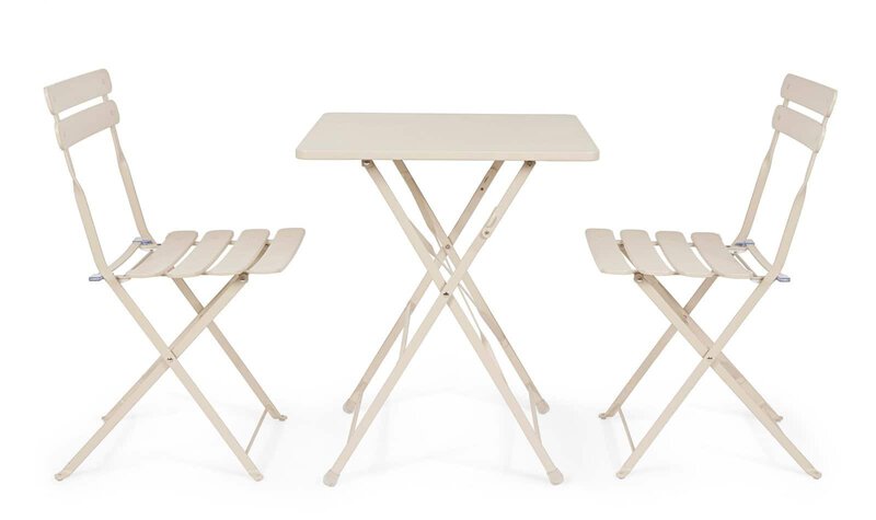 Sedie da giardino pieghevoli in bambù beige con tavolino, arredamento esterno elegante e pratico.