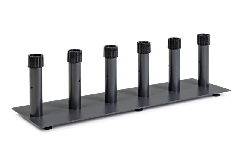 Six vertical test-tube holders on a gray rectangular base (lab rack).