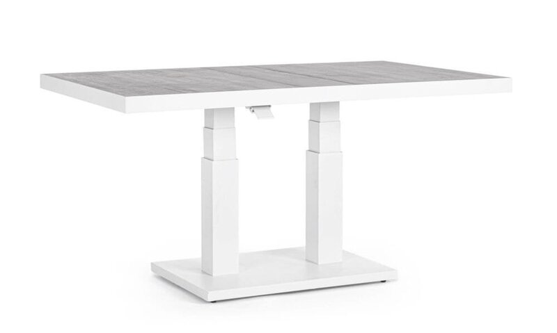 Tavolo moderno con piano in legno e struttura bianca, perfetto per ambienti eleganti e contemporanei.