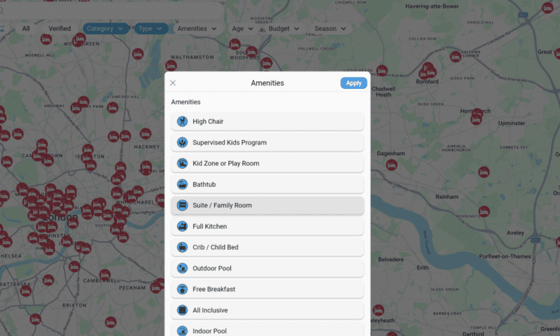 screenshot of gowhee app filters with family friendly amenities