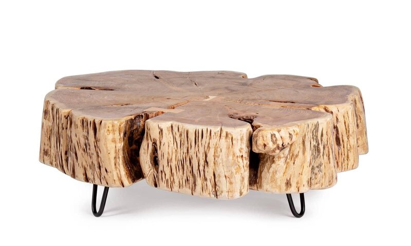 Tavolino in legno naturale con design rustico e gambe metalliche per arredo originale e moderno.