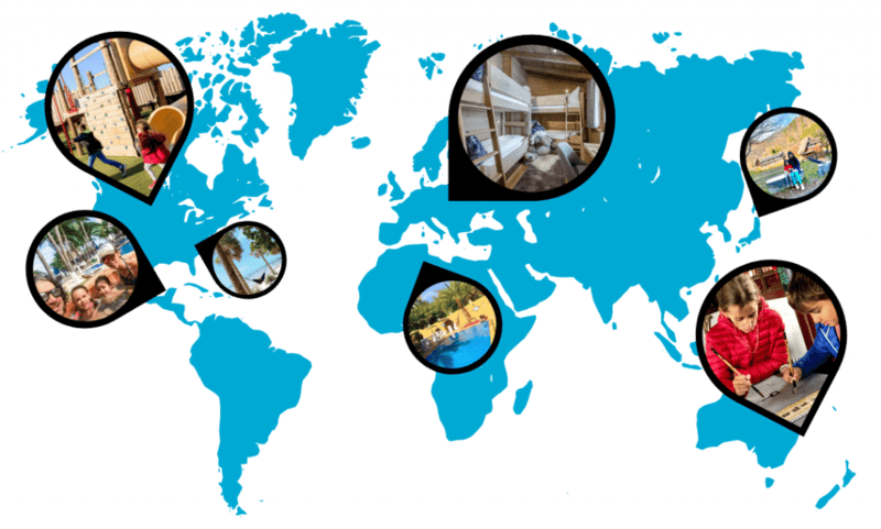 Design of a world map color blue, with little bubbles showing kid playing, playgrounds and family activities all around the world.