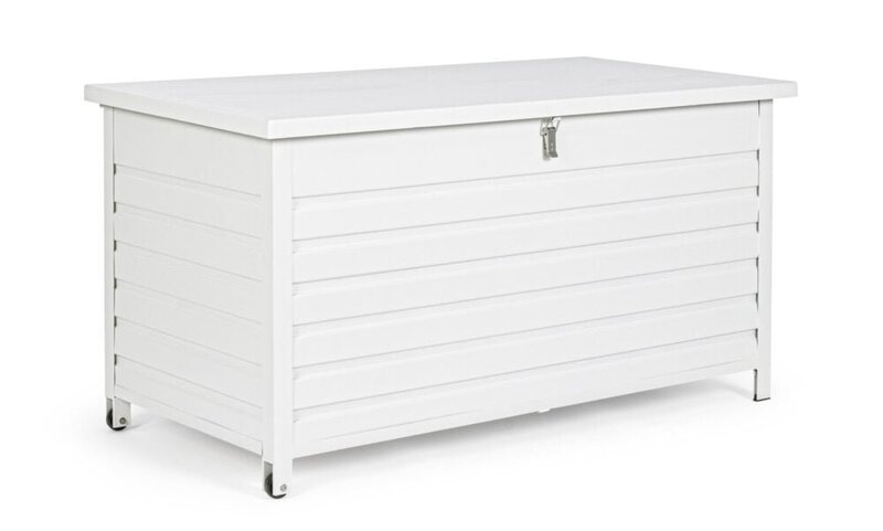Cassapanca bianca in legno con cassetto per interni ed esterni, stile moderno e resistente.