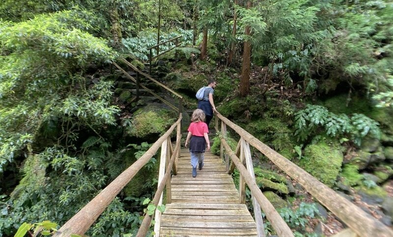 Father and son hiking in the Azores