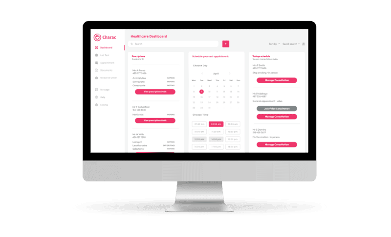 Charac dashboard displaying prescription details and appointment scheduling for efficient patient management