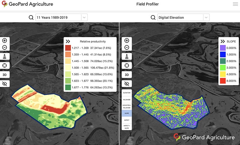 A field potential map and a slope map. Photo: GeoPard Agriculture