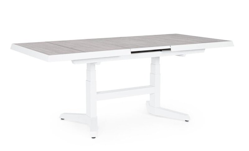 Tavolo allungabile in legno bianco con superficie elegante e design funzionale per sala da pranzo moderna.