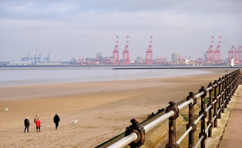 Strandpromenade mit Spaziergängern und Hunden, Blick auf den Liverpooler Hafen mit roten Containerkränen.