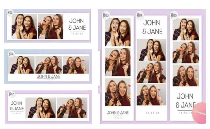 Sample photo booth frame layouts: 2x6-inch strip and 4x6-inch print with names and date