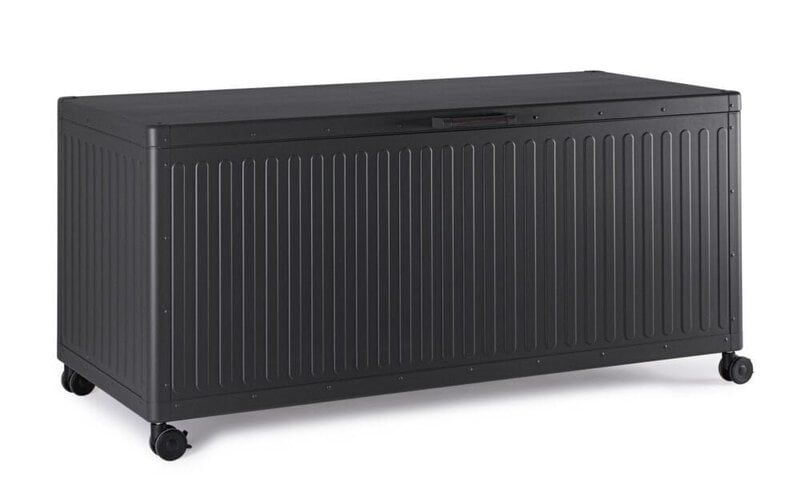 Contenitore di design nero con ruote per uso versatile e pratico.