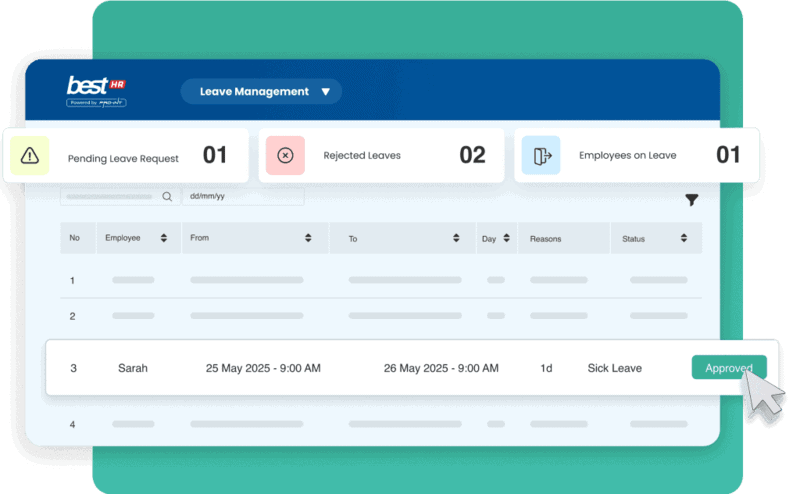 Employee leave management software interface showcasing leave request tracking and approval in Indonesia