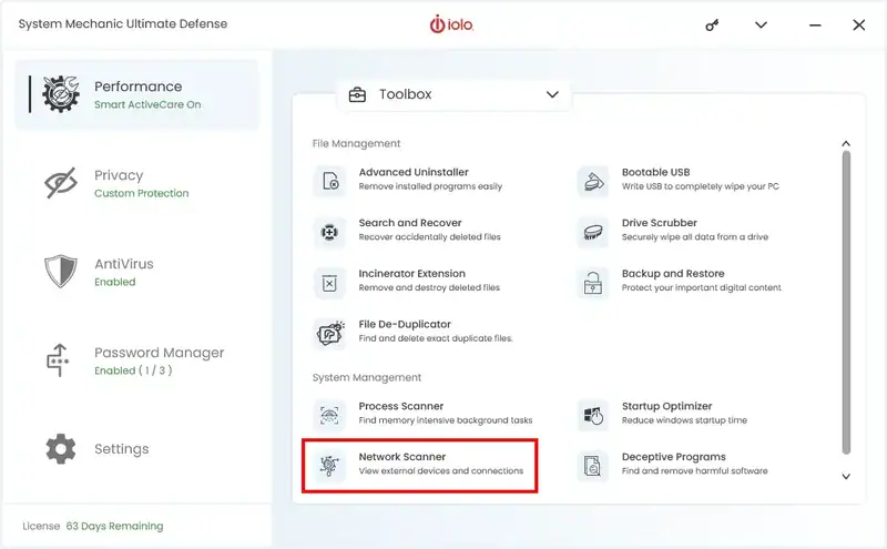 System Mechanic, Toolbox, Network Scanner