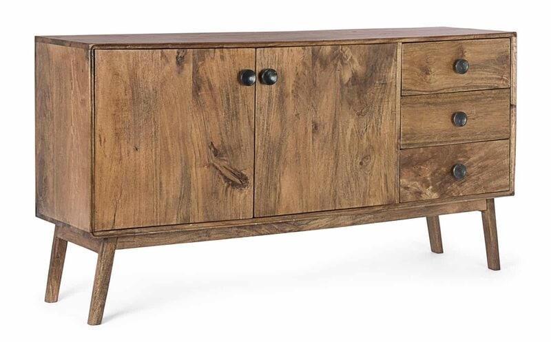 Testo alternativo: Mobile in legno naturale con quattro cassetti e due ante, stile vintage.