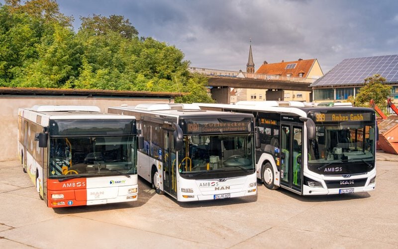 Aufstellung dreier Linienbusse der Ambos GmbH als Generationenbild.
