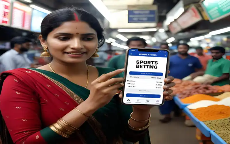 Sports betting at Krikiya Young Bangladeshi woman enjoying sports betting on Krikiya while walking through a market