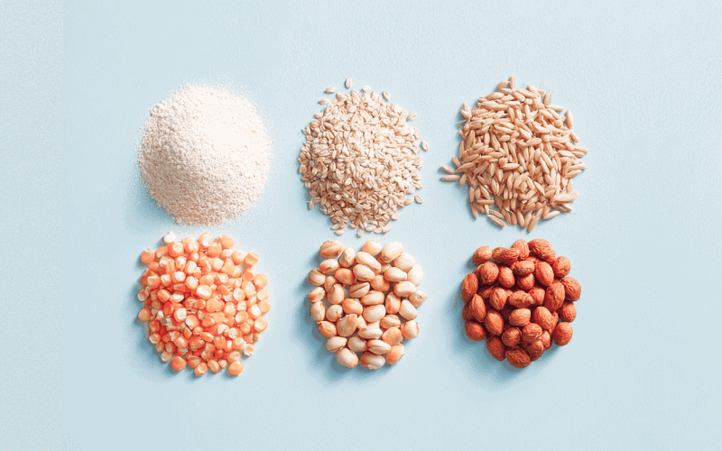 Whole grains and nuts variety for healthy eating, organic food products for balanced nutrition.