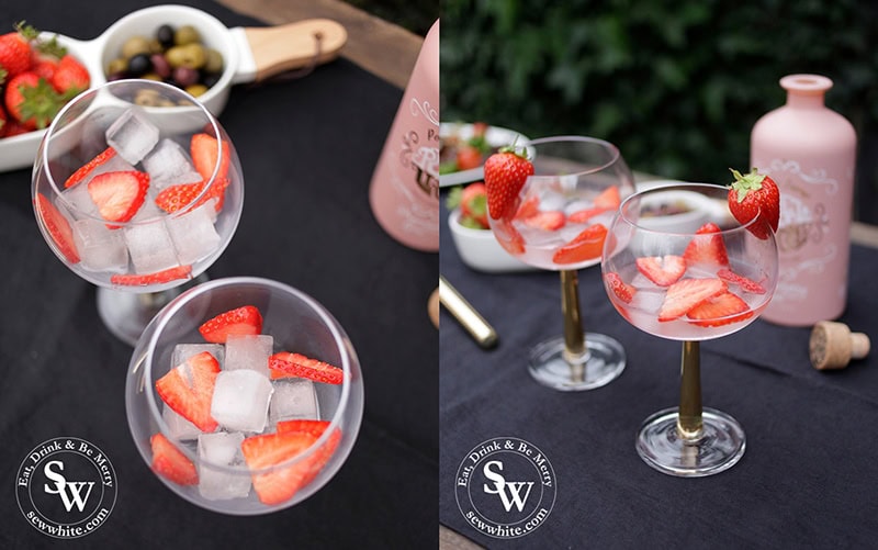 How to make a Strawberry Gin and Tonic perfect for Wimbledon. Ice cubes and strawberry slices in a glass from Elys Wimbledon.