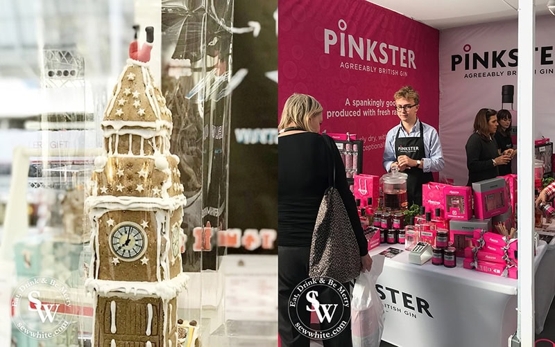 Gingerbread sculpture of Big Ben at the Spirit of Christmas Fair Olympia along with Pinkster gin. 