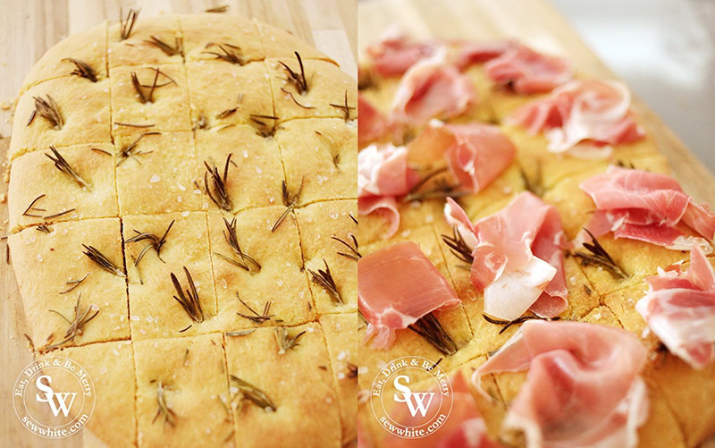 Freshly baked focaccia studded with rosemary and topped with Parma Ham.