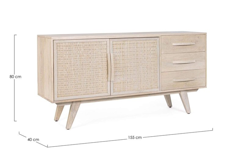 Comò in legno chiaro con cassetti e ante, stile vintage, perfetto per arredare con eleganza.