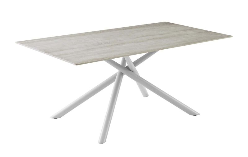 Tavolo in legno naturale con gambe bianche, stile contemporaneo, perfetto per zona pranzo o ufficio.