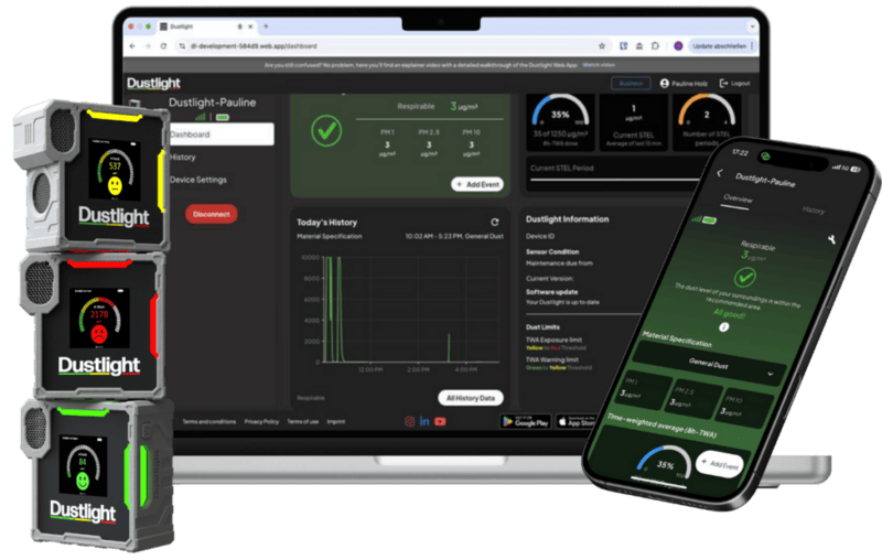 Dustlight persönliches Staubmessgerät für Echtzeit-A-Staubmessung mit Web- und Handy-App zur Überwachung von PM2.5, PM4 und PM10 in industriellen Arbeitsumgebungen.