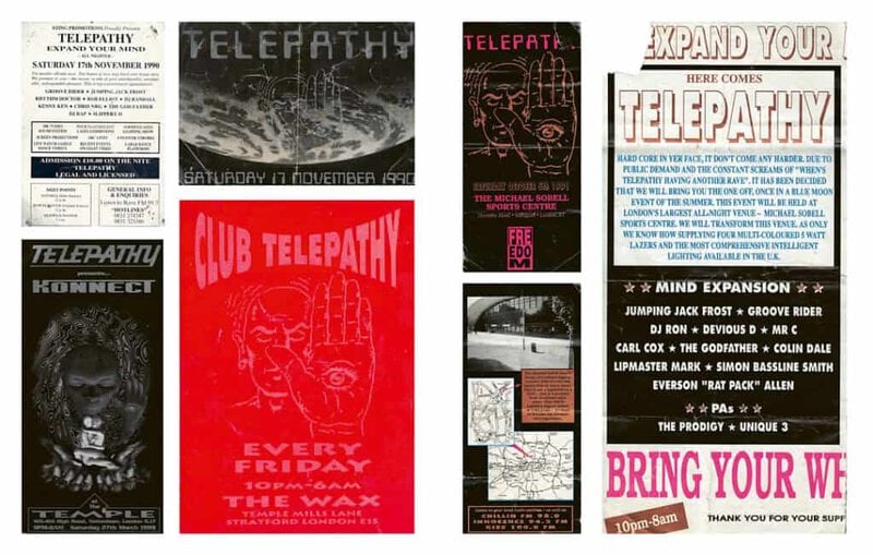 Collection of rave flyers and posters from Club Telepathy events in the early 1990s