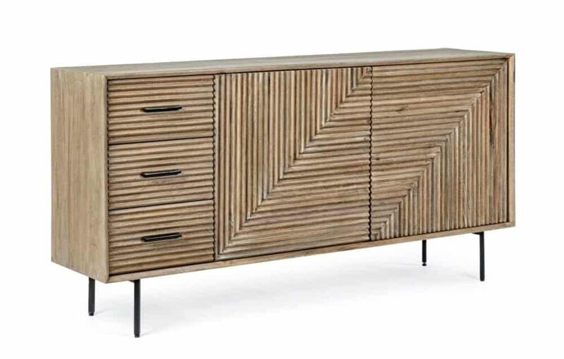 Comodino moderno in legno con ante e cassetti con design a righe e linee geometriche.