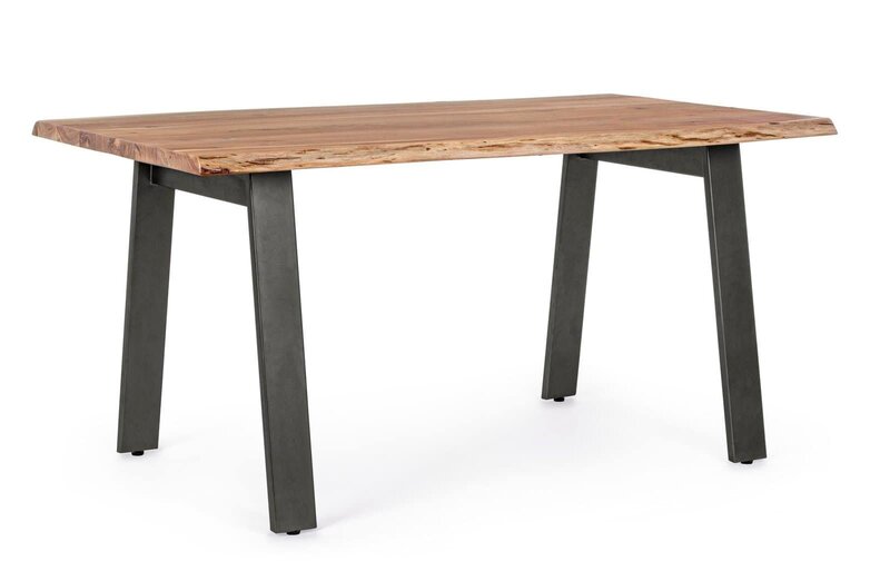 Alt text: Tavolo in legno naturale con gambe in metallo nero, stile moderno e robusto.