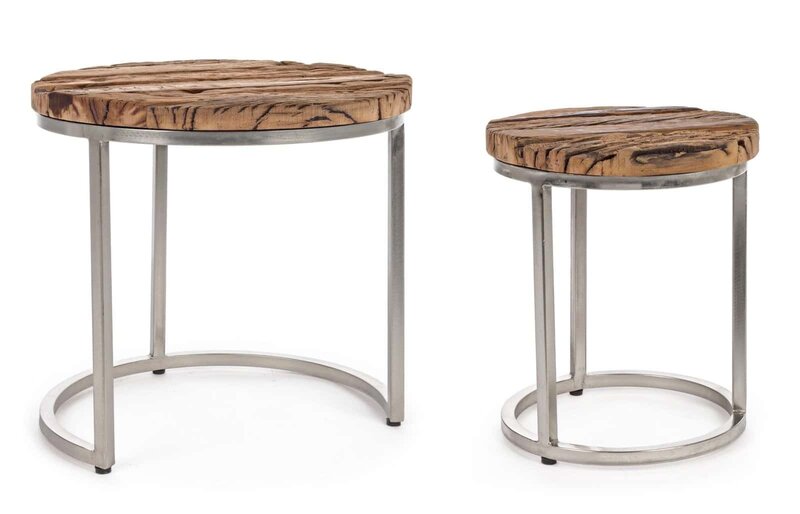 Tavolini in legno e acciaio dal design moderno, ideali per soggiorno o zona living.
