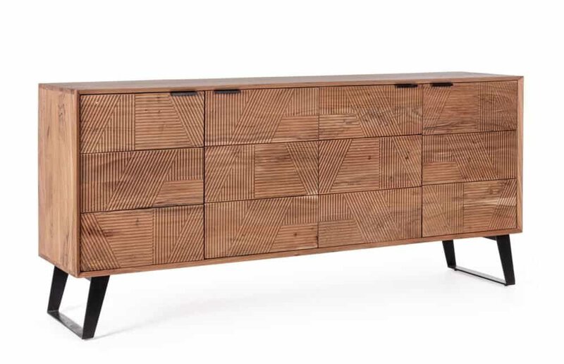 Mobiletto lowboard teak con dettagli geometrici moderni e gambe nere in metallo.