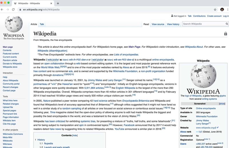 A screenshot of the Wikipedia entry for "Wikipedia"
