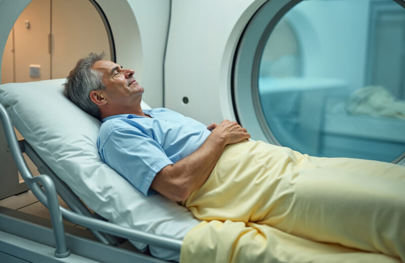 Mature man lies in hyperbaric chamber for oxygen treatment. Patient inside hospital lab undergoing pressure therapy for illness. Male in clinic getting health, care with modern machine.