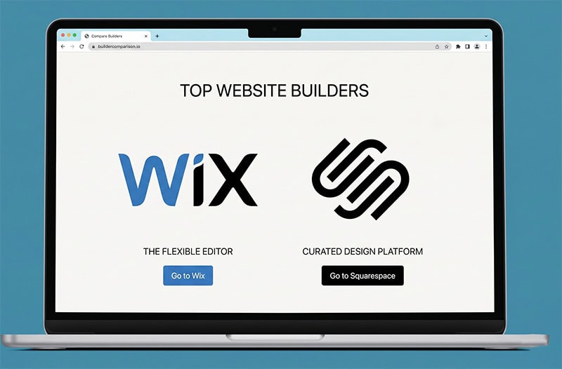 An illustration comparing the Wix and Squarespace website builders, featuring their respective logos on a laptop screen under the heading "Top Website Builders." The visual highlights the "Flexible Editor" of Wix alongside the "Curated Design Platform" of Squarespace.