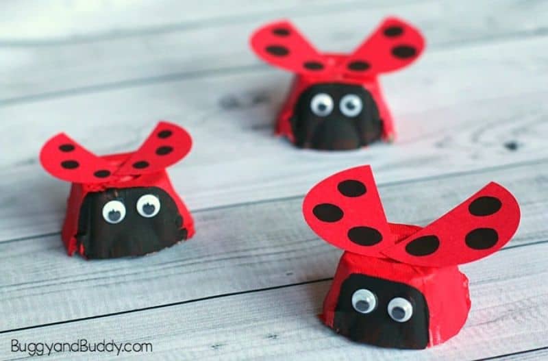 three ladybugs made with egg cartons