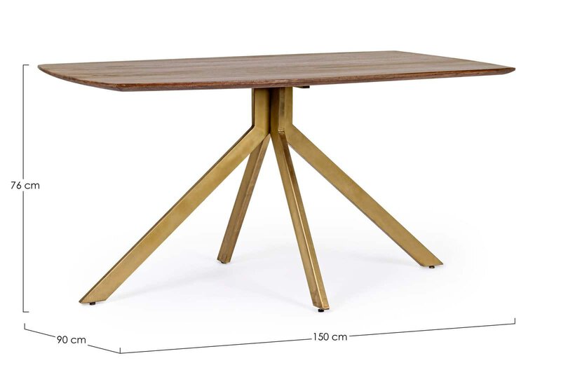 Alt text: Tavolo in legno e metallo con gambe inclinate, stile contemporaneo e linee eleganti.