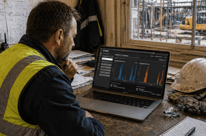 A construction worker reviewing analytics and compliance data on a laptop at a dusty construction site.
