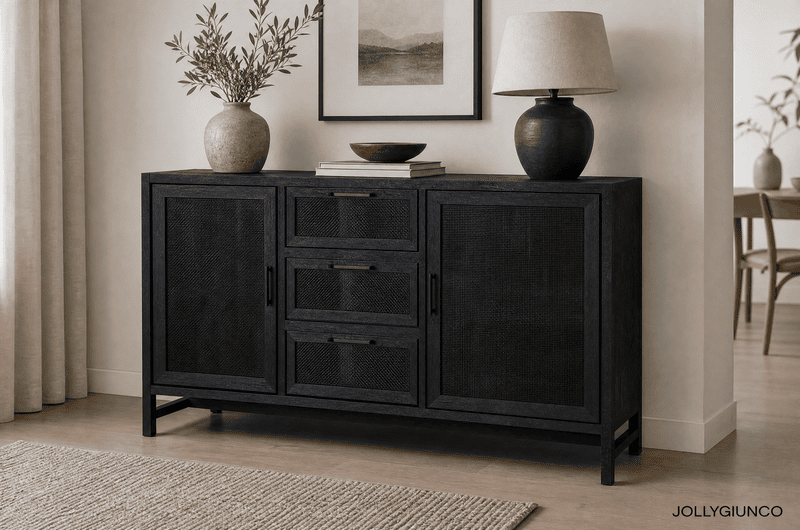 Dark wood sideboard with textured panels, topped with a vase of greenery, a wooden bowl, and stacked books, plus a large lamp; framed monochrome art above.