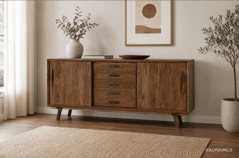 Rustic wooden sideboard with drawers, flanked by plants and a framed abstract print on a beige wall.