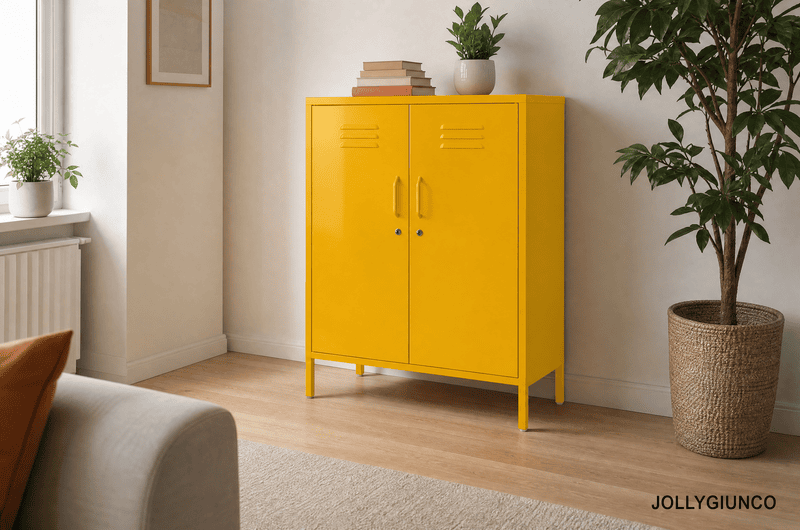 Bright yellow cabinet with two doors in a living room, with a tall plant in a woven basket nearby and books on top.